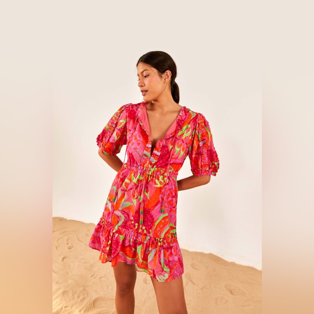 Farm Rio Fruit Brush Mini Dress Puff Sleeve Pink Tropical Boho Resort Size S